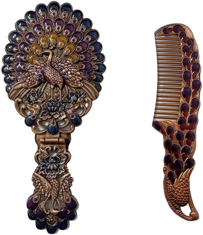 Espelho de mão vintage Rayberro com pente, design pavão em metal, dobrável, vermelho
