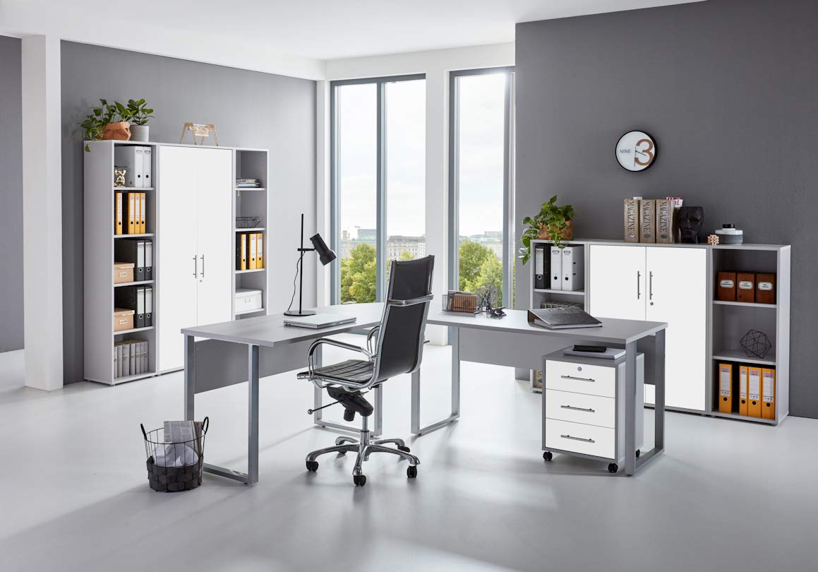 Büromöbel-Set TABOR PRO 5 Komplettbüro Schreibtisch Stauraum lichtgrau weiß matt