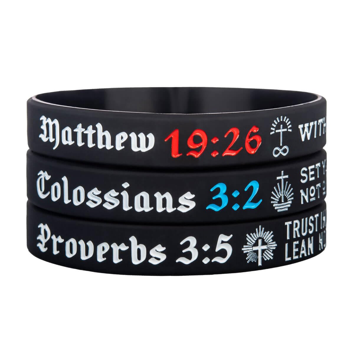 Sainstone Power of Faith Christian Bible Verse Silicone Bracelets - Matthew 19:26, Colossians 3:2, Proverbs 3:5 - Religious Scriptures Motivational Wristbands Church Gifts for Men Women (Unisex)