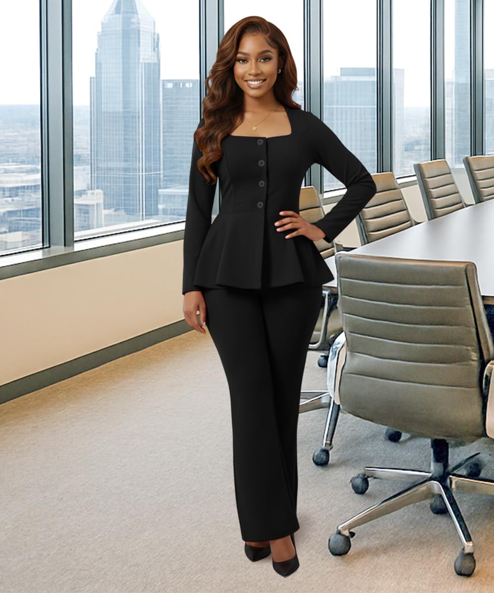 Pant Suits for Women Dressy 2 Piece Long Sleeve Blazer Set Business Casual Elegant Fall Outfits Office Work Sets - Image 2