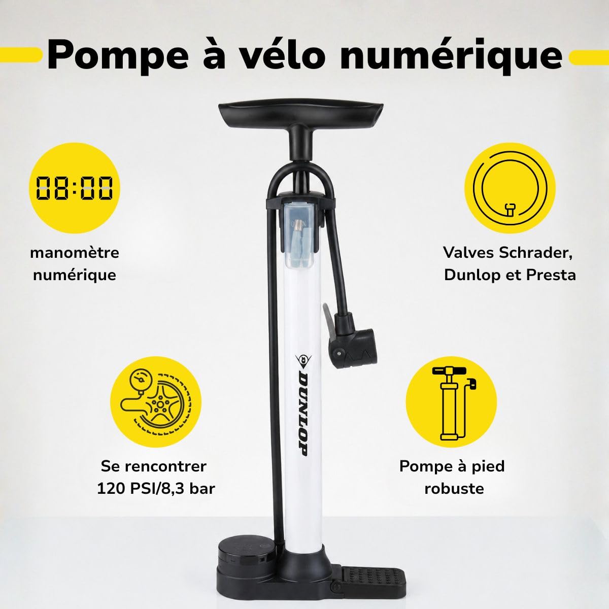 Dunlop Pompe à vélo numérique - Pompe à vélo avec manomètre numérique - pour Valve Schrader Presta Dunlop - 120 PSI 8,3 Bar - avec Adaptateur et Aiguille à Ballon