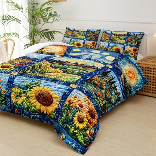 Image of Yellow Sunflower Queen Size Comforter Set,Bedding Queen Size Quilts Sunflower,Rustic Farmhouse Bedroom Set Bedding Set,with 1 Comforter with 2 Pillow Case