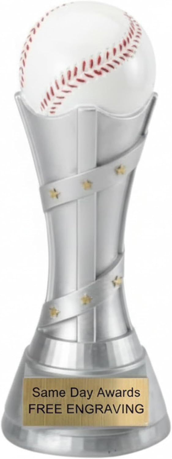 Victory Premium Baseball Trophy – Silver Design with Gold Star Accents and Free Custom Engraving – Recognition Award for Baseball Players Coaches Teams MVPs Tournaments and Championships