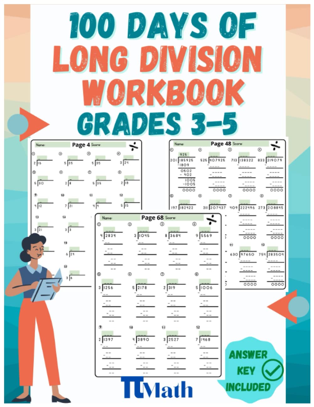 PI MATH 100 practice pages of Long Division Workbook, Advanced Drill Exercises, Grades 3-5: Master Long Division with and Without Remainders, Reproducible Practice Problems, enhance elementary skills