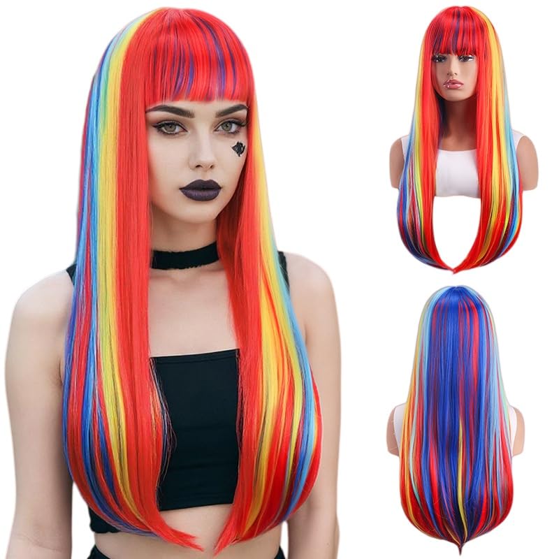 Perruque cheveux faux synthétiques arc-en-ciel pour cosplay anime et carnaval
