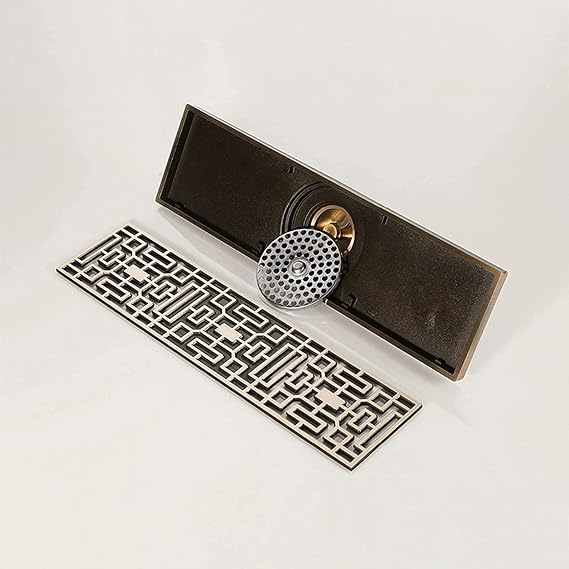 Linear Shower Drain,Brass Bronze Rectangle Shower Floor Drain 12 Inch Linear Drain with Pattern Grate Removable,