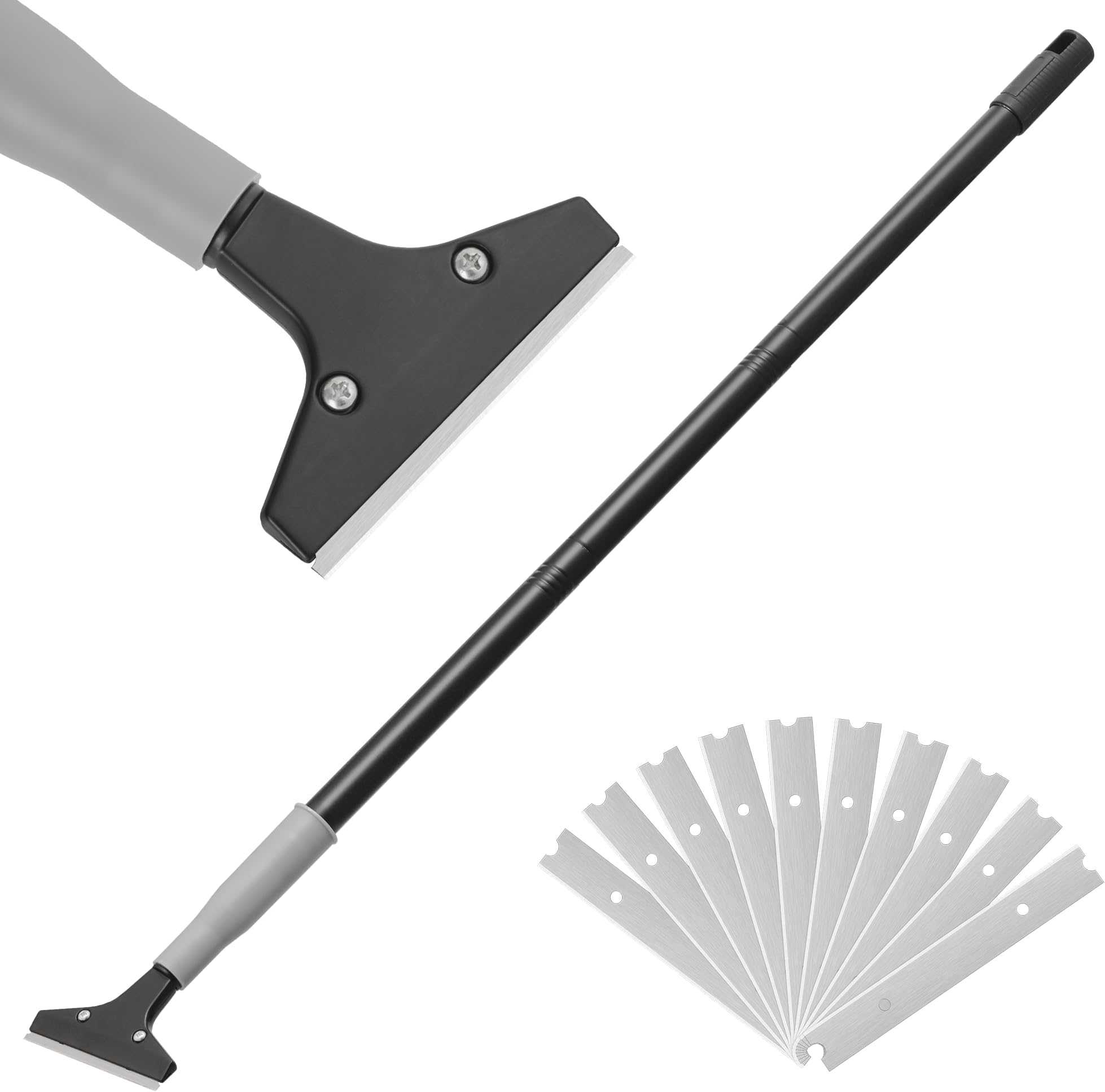 Luvenia Heavy Duty 4-inch Razor Blade Floor Scraper, 45 Inch Long-Handle, Cleaning Glass Wall Scraper, with 10 Blades, Painting stripping tools, Tile, Floors, Walls
