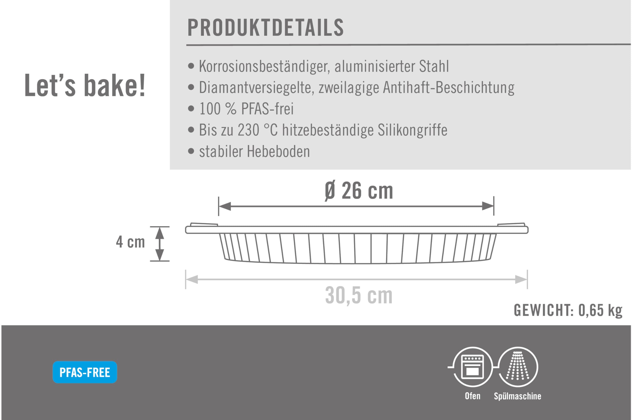 Woll Bakeware forma do quiche i tarty Ø 26 cm, z wyjmowanym dnem i odpornymi na wysokie temperatury uchwytami silikonowymi do 230°C, bez PFAS, dwuwarstwowa powłoka nieprzywierająca, stal aluminiowana,