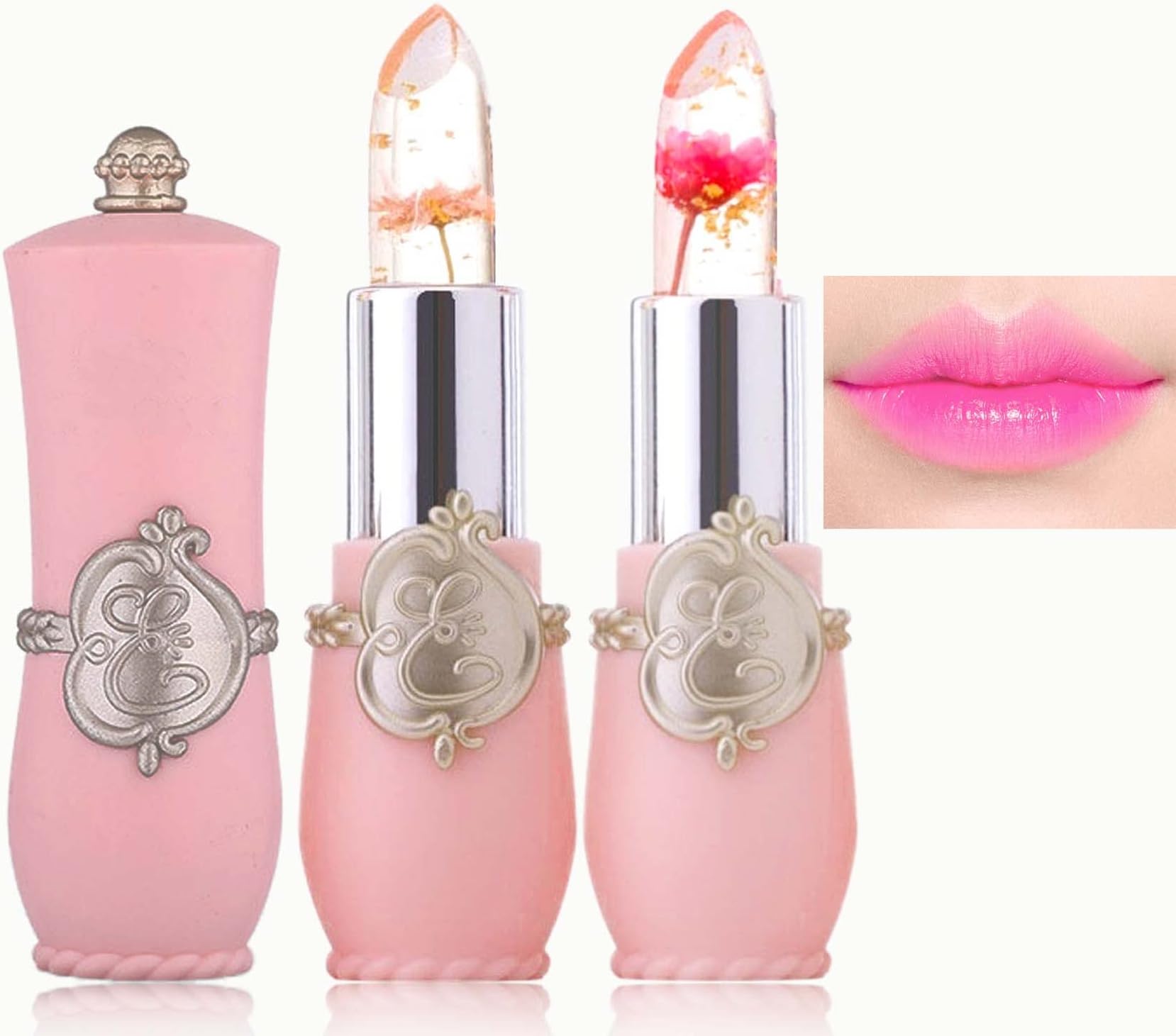 2PCS Crystal Flower Jelly Lipstick,Clear Lipstick with Flower Inside Magic PH Temperature Color Changing Tinted Lip Balm,Long Lasting Waterproof Moisturizing Lip Gloss Set(01+02)