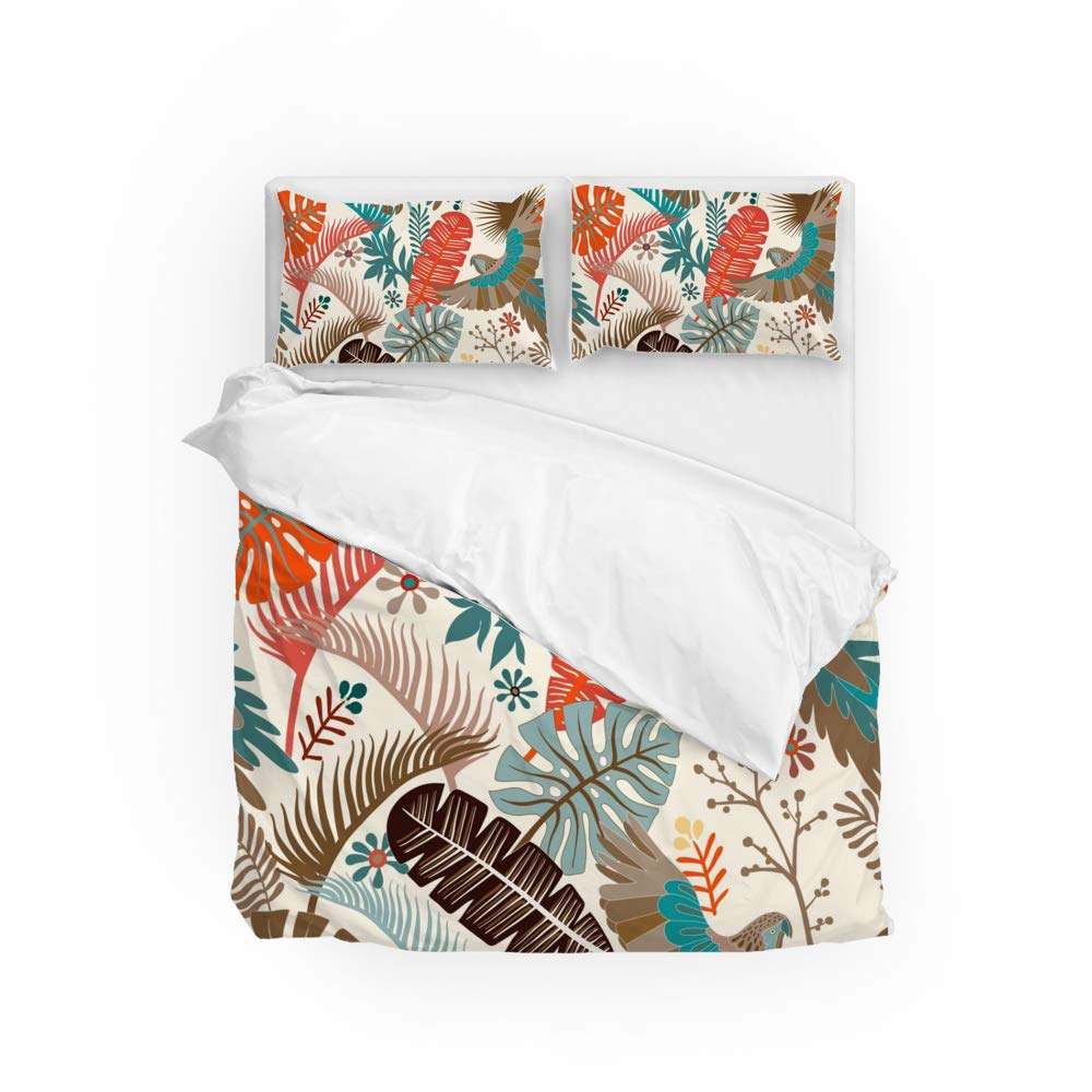 Housse de couette anti-décoloration motif perroquet et feuilles de palmier ultra douce