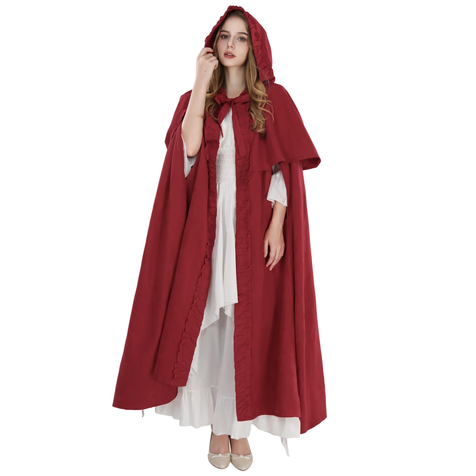 Fiamll Mittelalter Umhang Damen Kapuze Mantel mit Manschette Einfarbige Trenchcoat Renaissance Vampir Umhang Gothic Cosplay Cape Halloween Kostüm