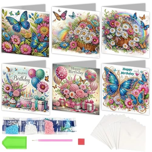 6Pcs Diamond Art Birthday Cards Floral Butterfly Diamond Art Cards