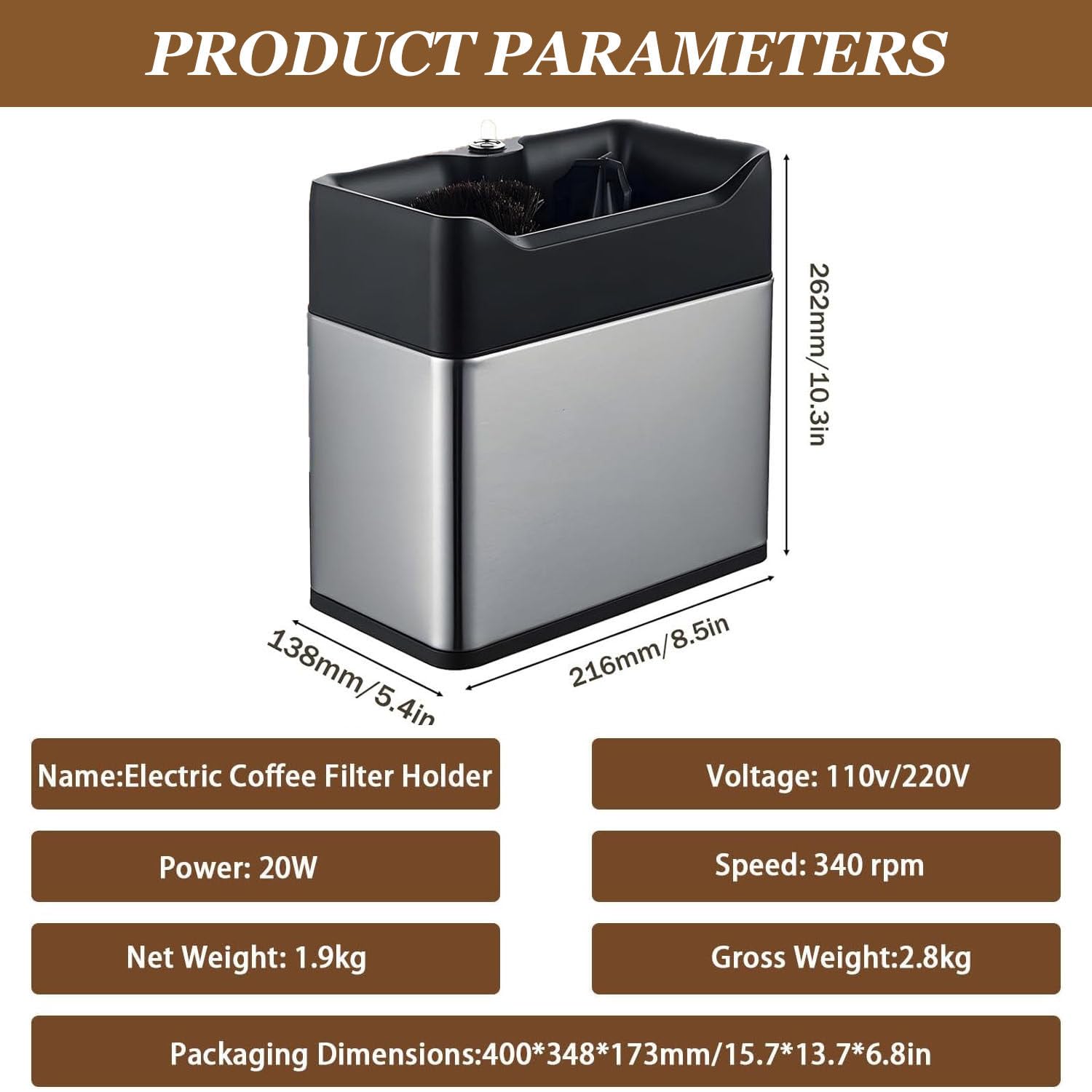 Limpiador de portafiltros de café eléctrico, Limpiador de posos de café, Cabezales de Cepillo Dobles, rotación de 300 RPM, para cafeterías domésticas o comerciales Silver