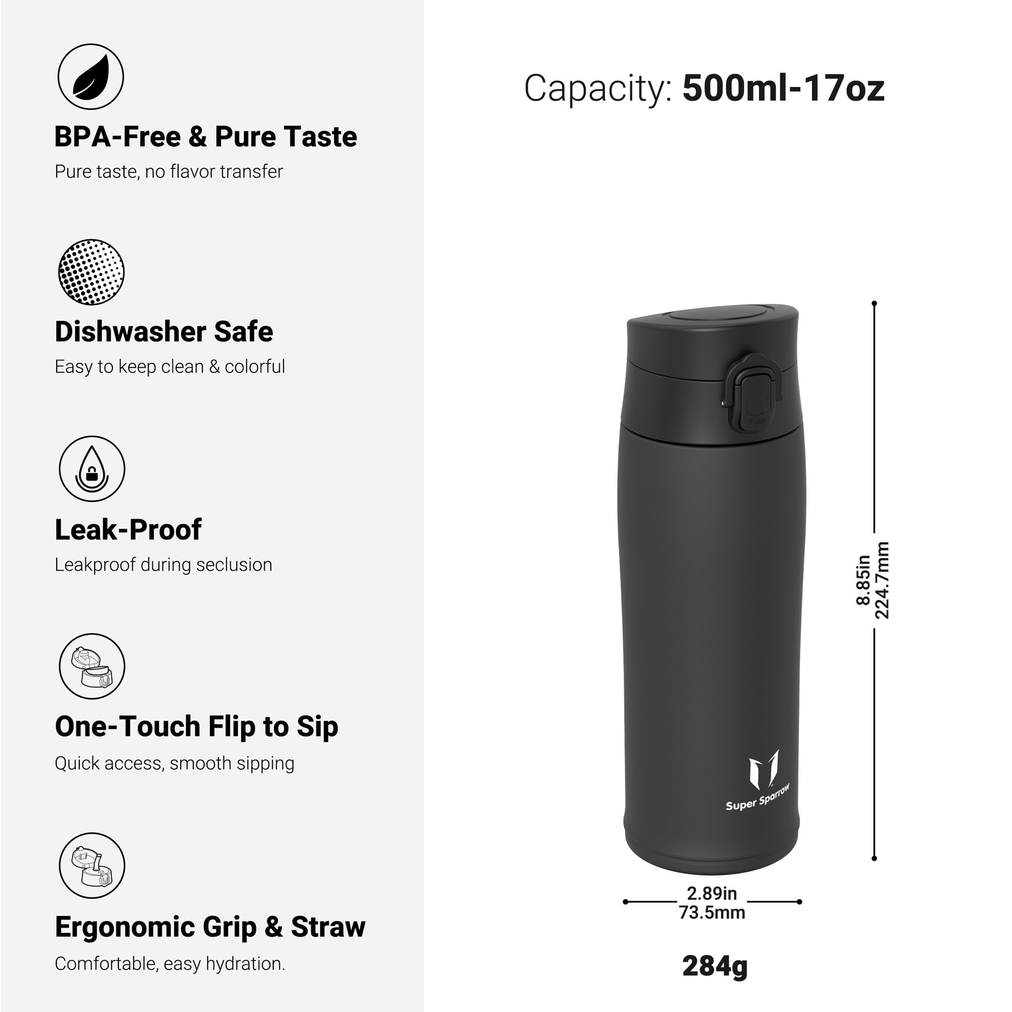 Super Sparrow Insulated Water Bottle, Travel Mug, 500ml, Stainless Steel Water Bottles, BPA Free, Leakproof Metal Bottles - Image 3
