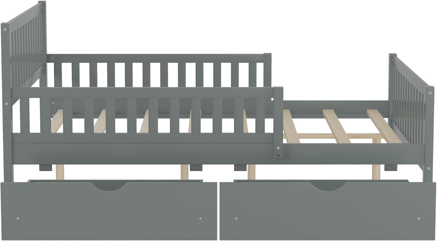 Full Size Platform Bed, Modern Solid Wood Full Bed Frame with Storage Drawers & Side Guardrails, Space-Saving Daybed with Slat Support for Bedroom Guest Room Apartment, No Box Spring Needed, Gray