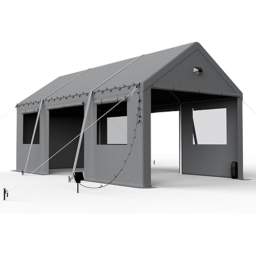 10x20 Carport, Heavy Duty Car Port, Portable Garage Carports Canopy with Roll Up Doors & Windows and Removable Sidewalls, Grey