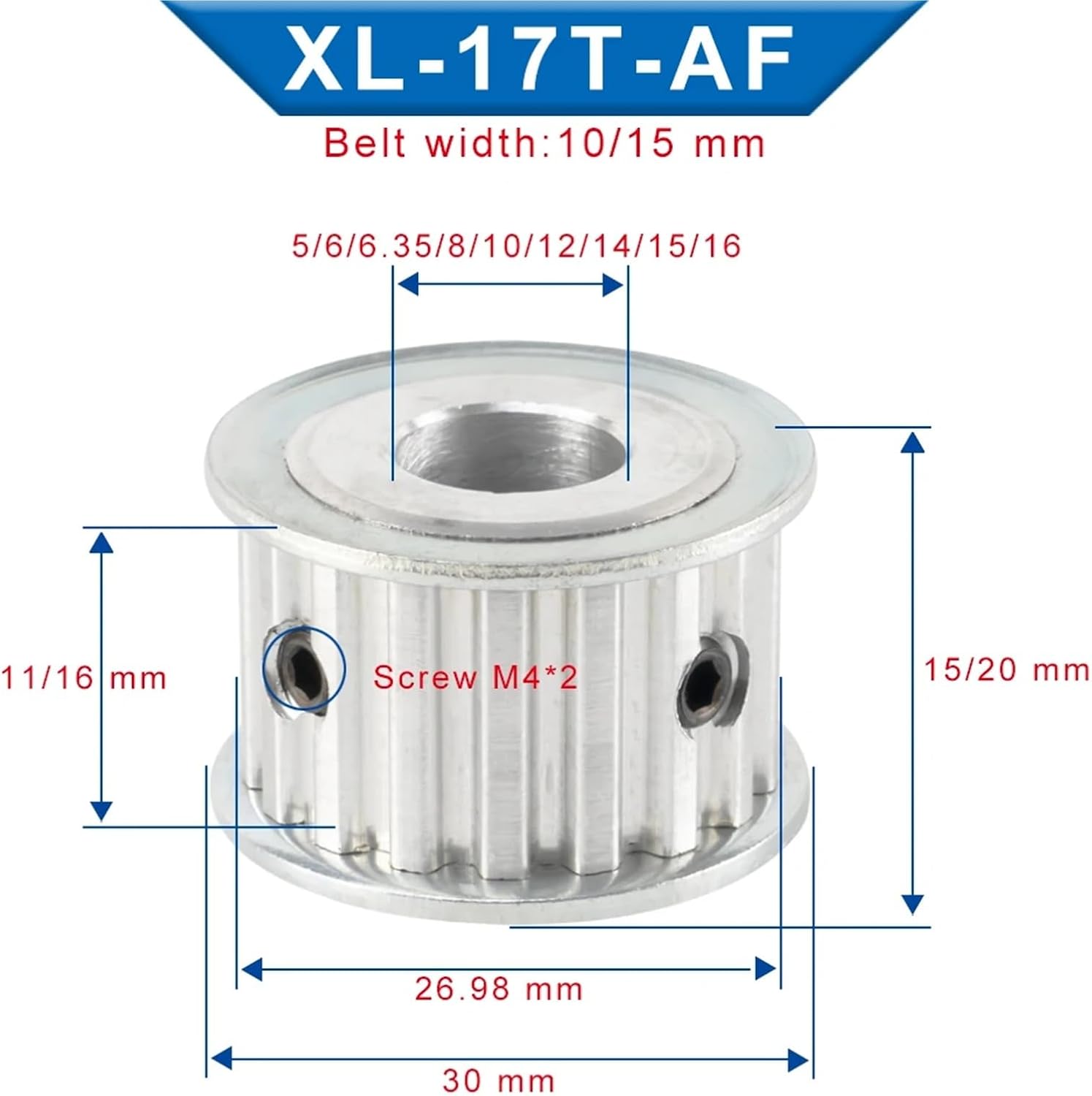 Pulley Wheel XL17T Tooth Alloy Inner Bore 5/6/6.35/7-16mm Width 10/15mm 1Pcs(10 mm,Belt Width 15 mm)