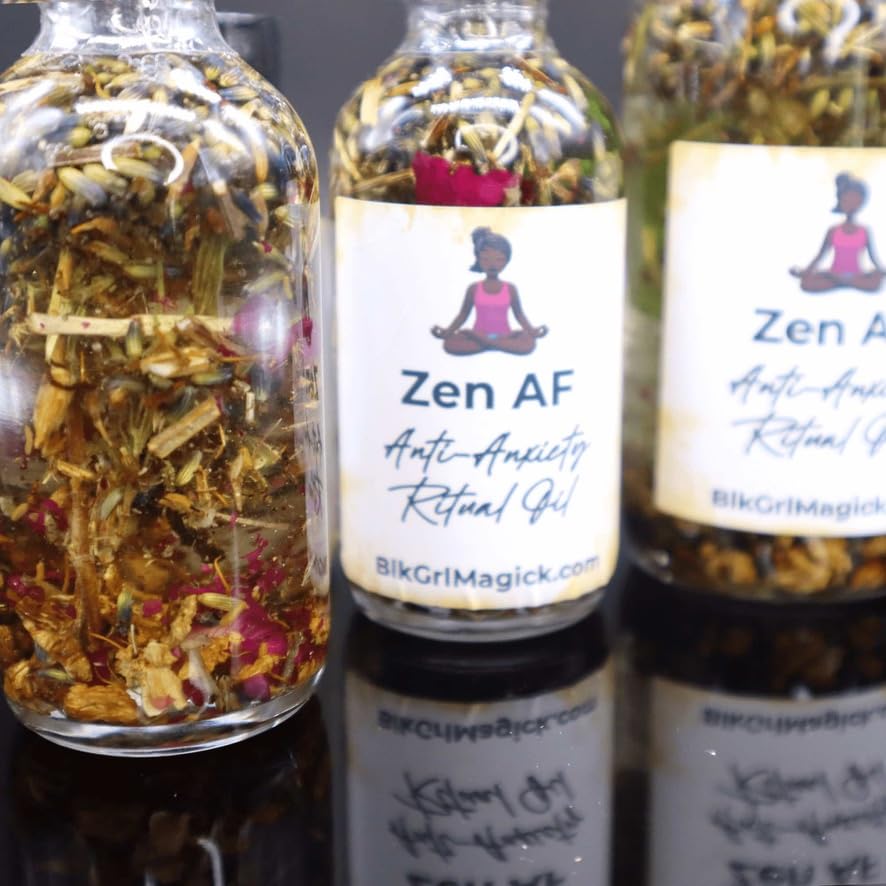 BlkGrlMagick Zen Master Ritual Oil, Sage Lavender Scent, Handcrafted Raw Crystals, Homegrown Herbs, Organic Sweet Almond Oil, Hoodoo Glass Dropper Bottle, for Peace Prayer Meditation (1oz, Dropper)