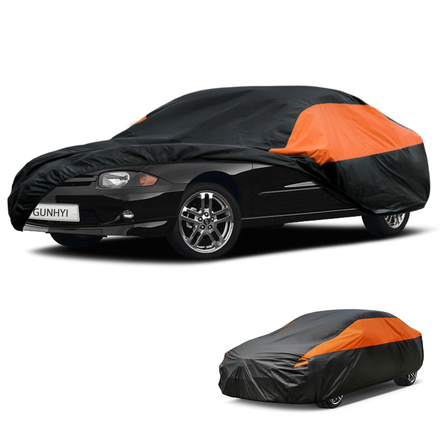 GUNHYI Waterproof Sedan Full Car Cover Custom Fit Chevrolet Chevy Cavalier | All‑weather Outdoor sun/rain/dust/snow/wind/UV protection, breathable lightweight fabric, black‑orange design,storage bag