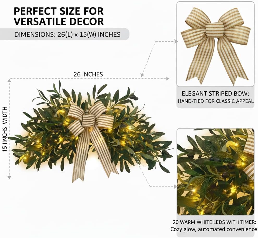 Pre-lit Artificial Olive Branch Swag with Striped Bow - 20 LED Teardrop Wreath for Front Door with Timer - Farmhouse Greenery Wall Decor (Battery Operated, Batteries Not Included)
