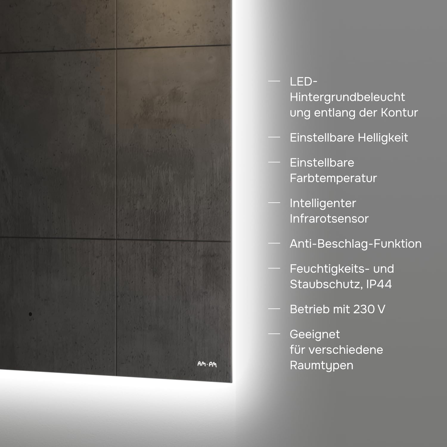 AM.PM Hit – LED Spiegel 80 x 70 cm mit Beleuchtung | Badezimmerspiegel mit LED | Spiegel mit Licht dimmbar 3 Farbtemperaturen | Touchless Sensor & Anti Beschlag | Wandspiegel ohne Rahmen | Badspiegel