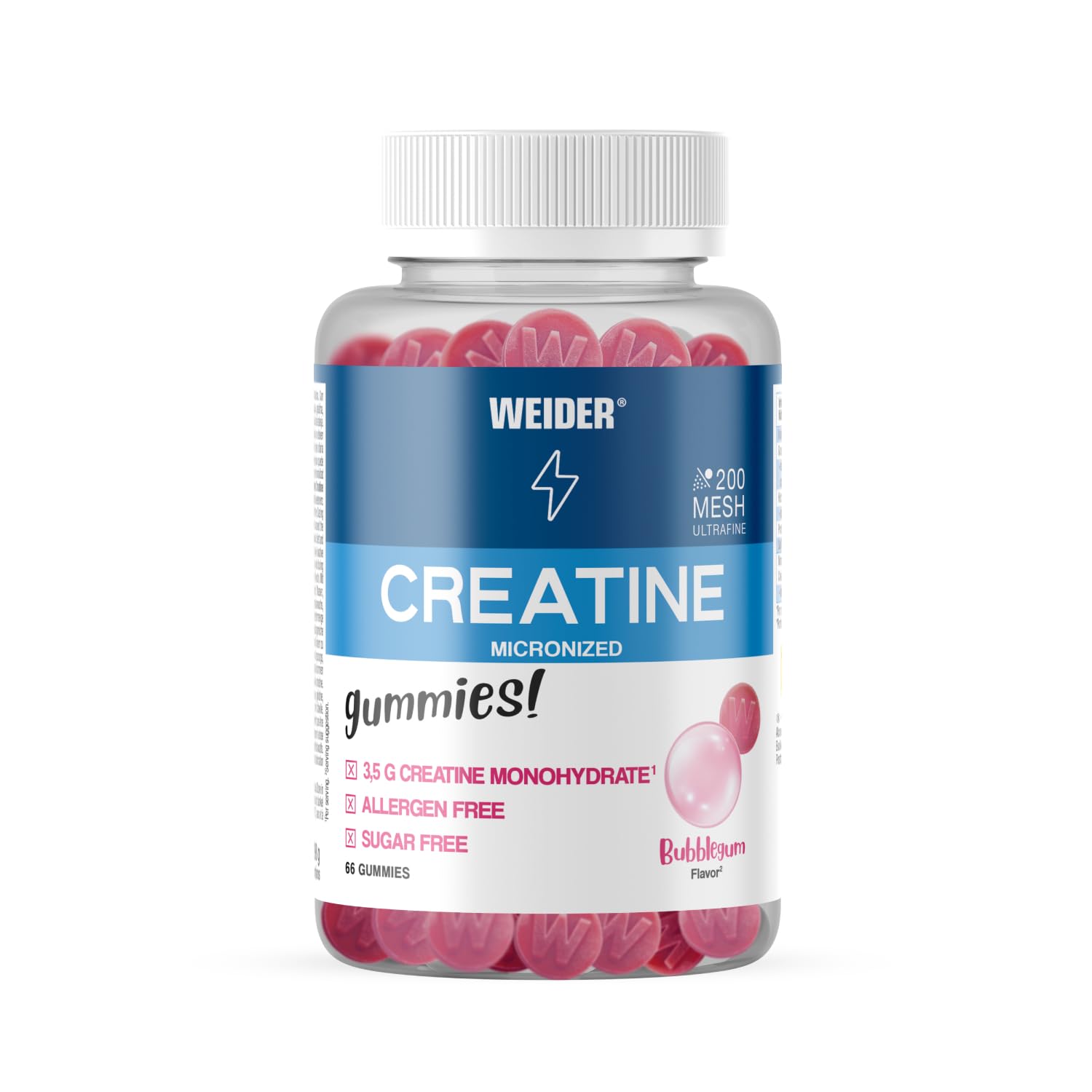 Weider Micronized Creatine Gummies (66 gominolas) Sabor Chicle, con 3,​5g creatina monohidrato 200 MESH/​porción, Certificado por laboratorio Europeo, ayuda al rendimiento físico (22 porciones)