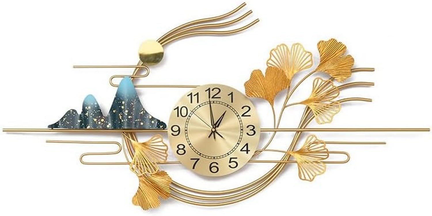 SaryEdge Wall Clock Art Design Ginkgo Leaf Wall Clock, 3D Modern Luxury Metal Large Wall Clocks, Silent Operated Clock, for Home, Bedroom, Kitchen, Wall Decor Clock,