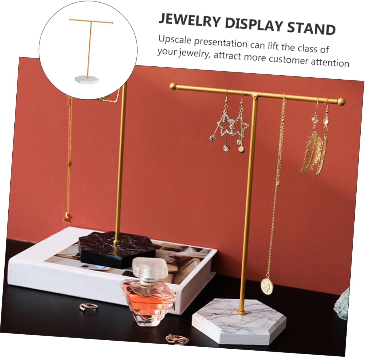 Cabilock 1pc Earring Storage Rack Marble Pattern Decorative Jewelry Display Stand for Earrings and Necklaces Elegant T-shaped Organizer for Dressing Tables for Special Occasions