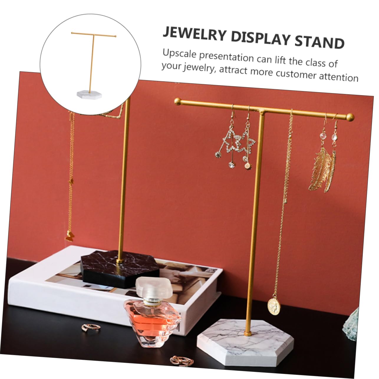 Cabilock 1pc Marble Pattern Jewelry Display Stand for Earrings Necklaces and Accessories Elegant Organizer Base for Counter Dresser Store Use