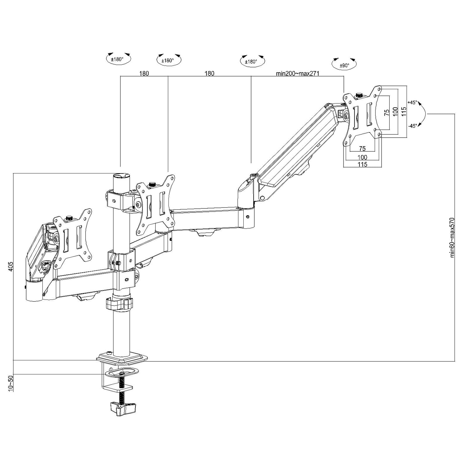 Maclean MC-137 - Supporto per 3 monitor da 17 a 27", con molle a gas, regolabile in altezza, girevole, inclinabile, robusta struttura in acciaio, VESA 75 x 75, 100 x 100, gestione dei cavi, nero