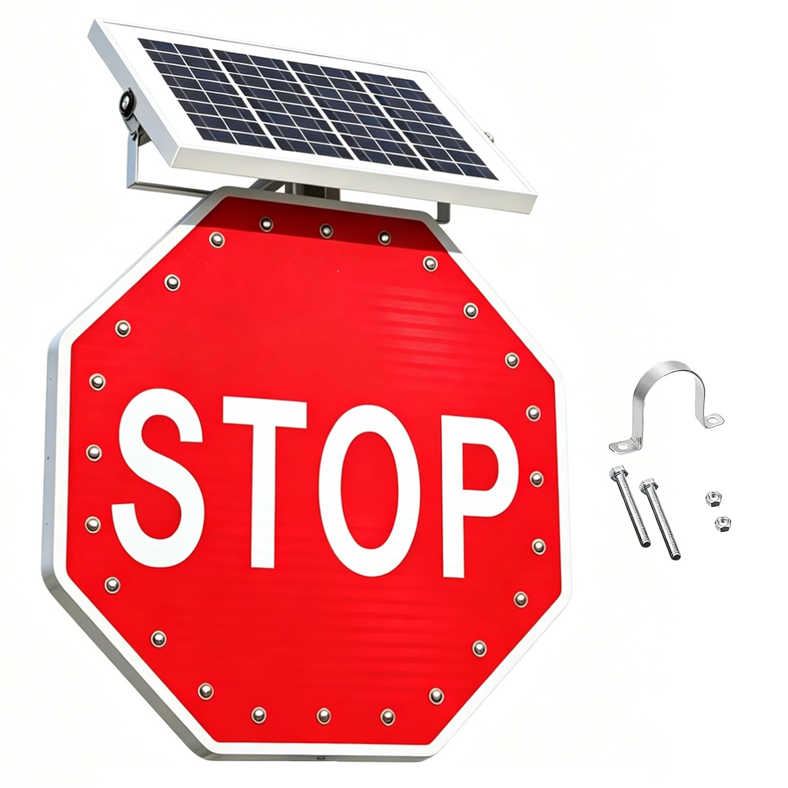 Señal Octogonal Solar Impermeable, Cartel Reflectante de Parada, Alta Visibilidad 500m, Marco en Aluminio, para Obras Viales, Vías Municipales y Zonas Urbanas(24")
