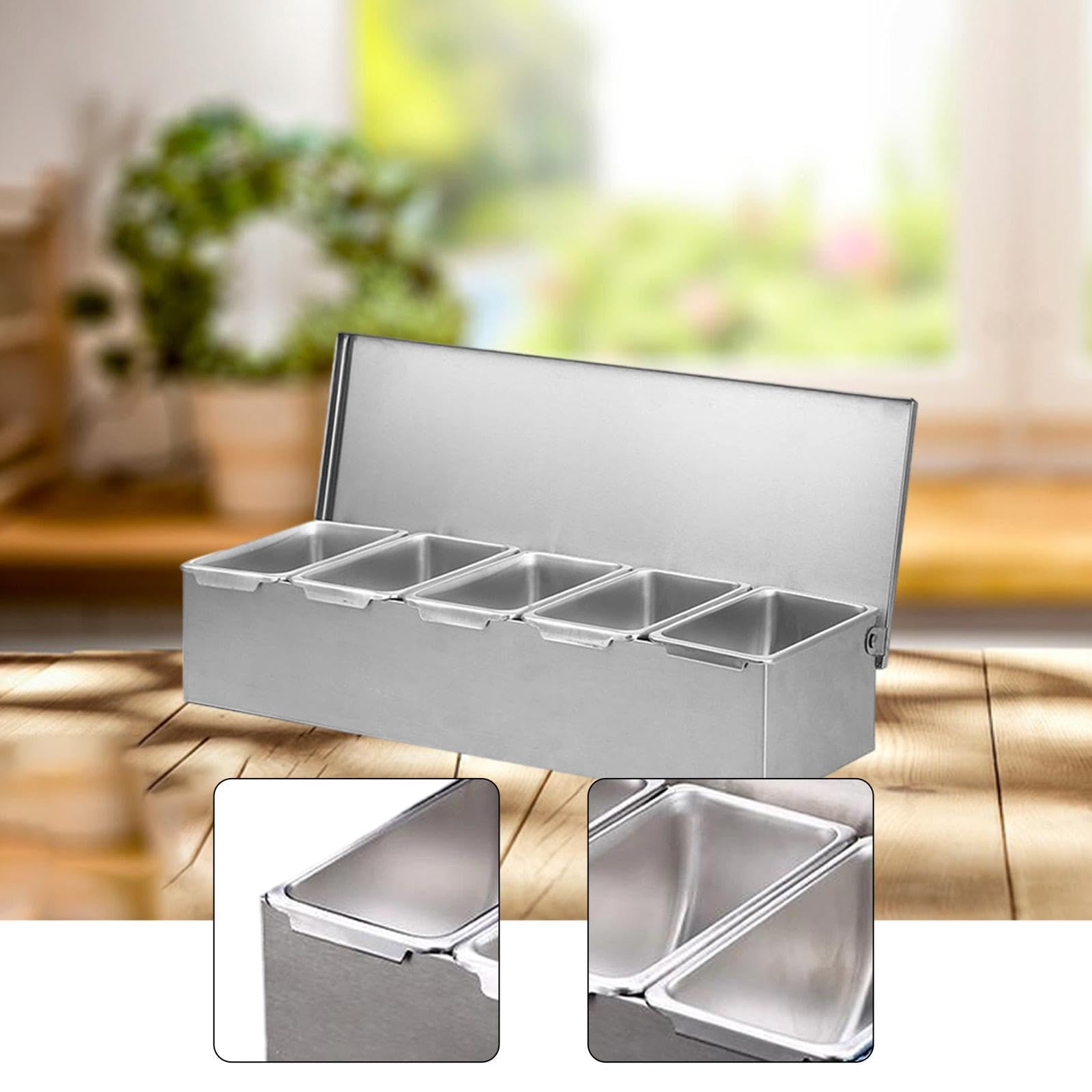 Condimentero de Acero Inoxidable con Divisores Desmontables Organizador de Cocina para Condimentos Y Especias Recipiente Hermético con Tapa Adecuado P, 5 cuadrículas, Individual