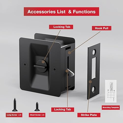 Miniatura 8 de Cerradura de puerta de bolsillo negro mate, paquete de 2 manijas de puerta de bolsillo de privacidad, manijas de bolsillo para puerta corrediza con
