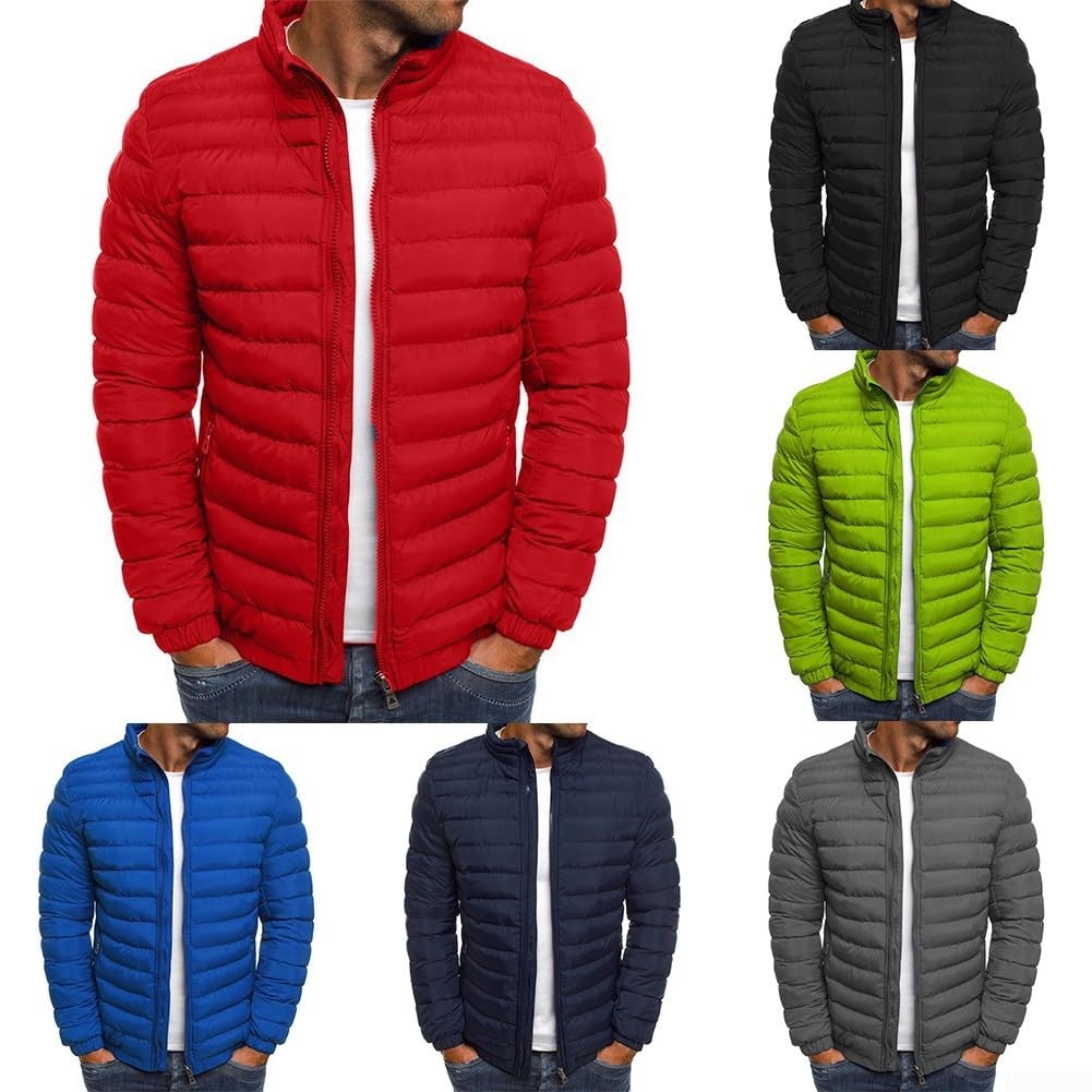 Chaqueta acolchada cálida de invierno para hombre, con cuello alto, cremallera, color sólido, portátil, acolchada, resistente al agua
