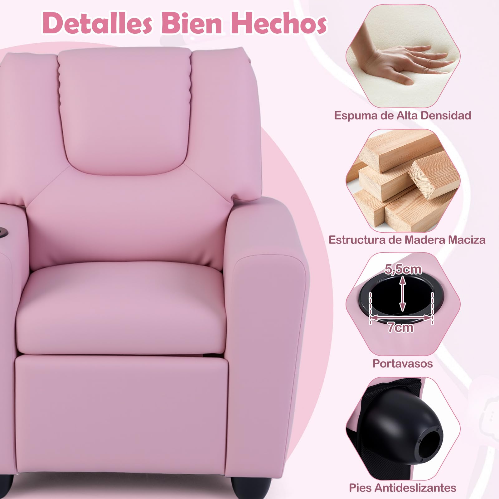 COSTWAY Sillón Reclinable para Niños, Sillón Reclinable con Portavasos y Reposapiés Ajustable para Sala de Estar y Área de Juegos, Silla para Niños de 3+ Años (Rosa)