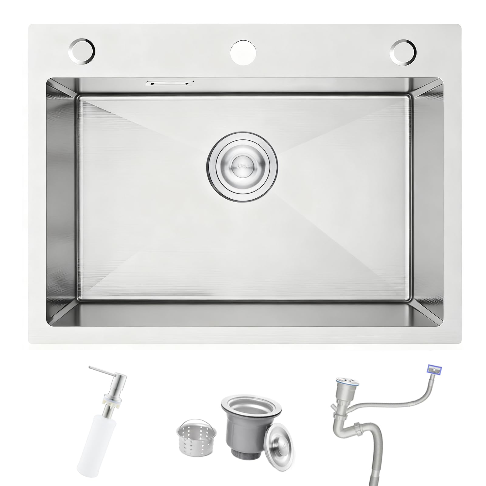 Bokaiya Kitchen Sink, 60 x 45 cm Drop in Topmount Stainless Steel Campervan Sink, Deep Brushed Nickel Single Bowl with 3 Tap Holes Soap Dispenser and Siphon, for Small Kitchen, Bar, Restaurant — image 1
