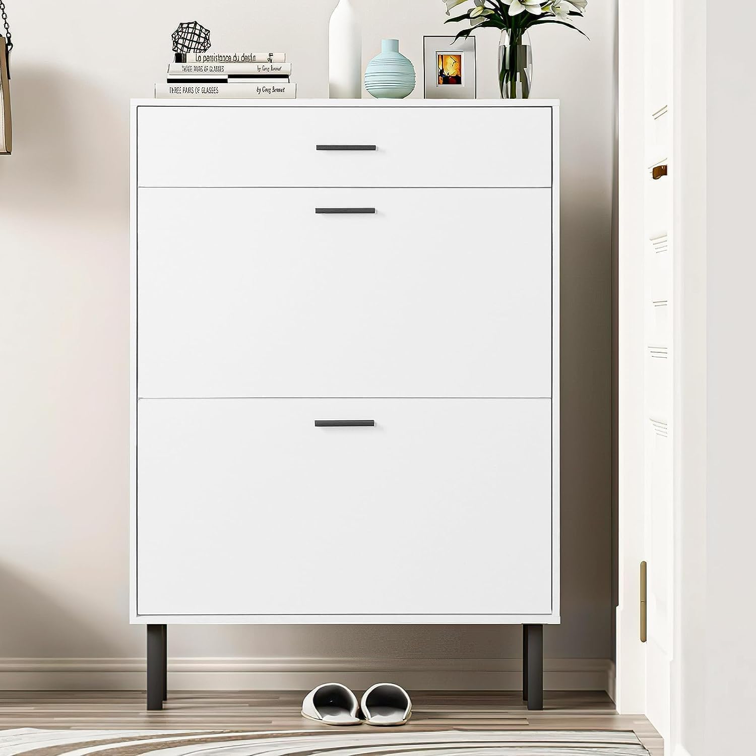 UZUGUL Shoe Cabinet for Entryway,Slim Hidden Shoe Storage Cabinet with 2 Flip Drawers, Narrow Shoe Rack Organizer Cabinet with Metal Leg for Closet,Hallway