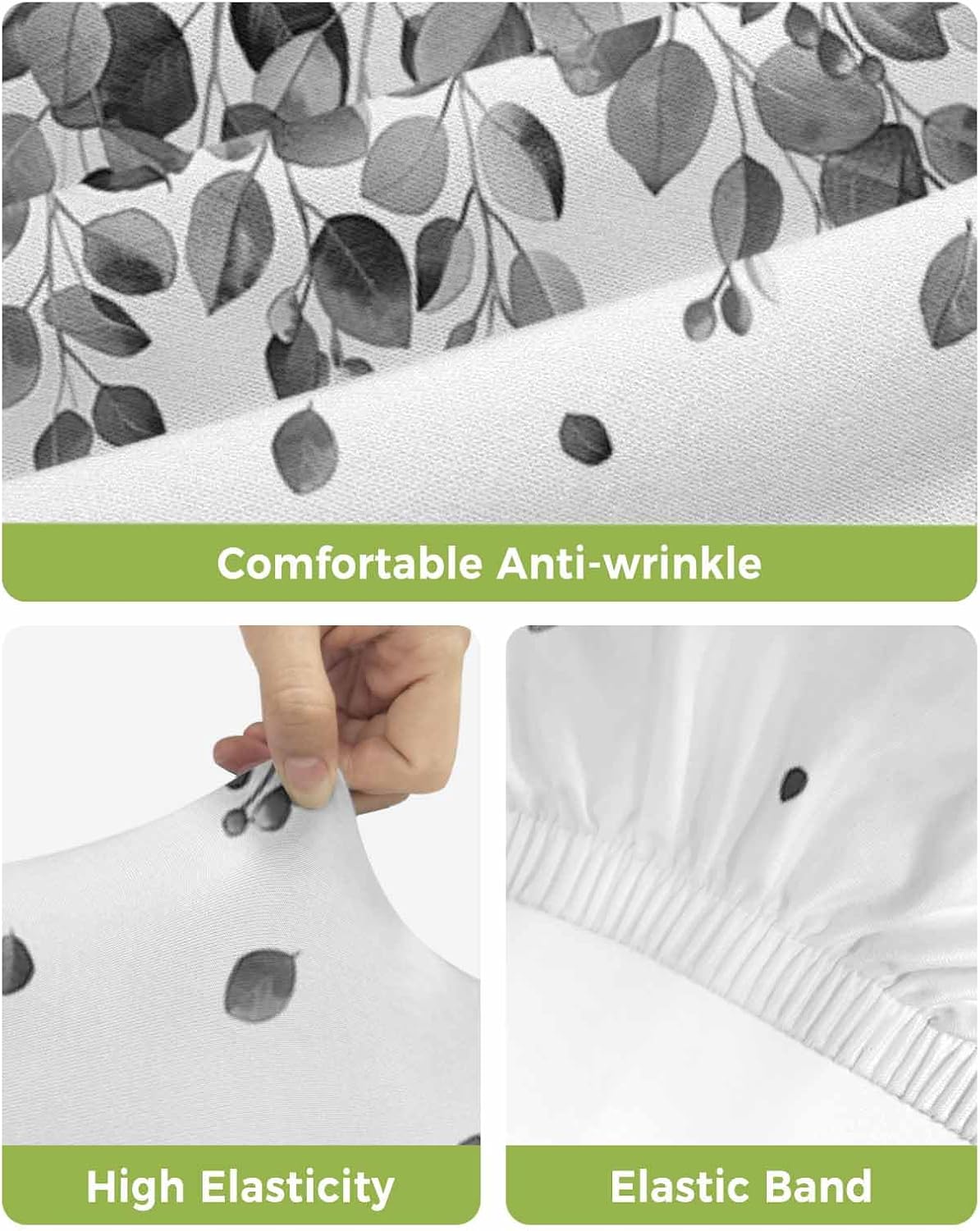 Bar Chair Stool Covers Set of 4, Gray Botanical Stretch Washable Removable Bar High Chair Cover, Watercolor Spring Summer Eucalyptus Elastic Bar Chair Protector for Kitchen/Restaurant