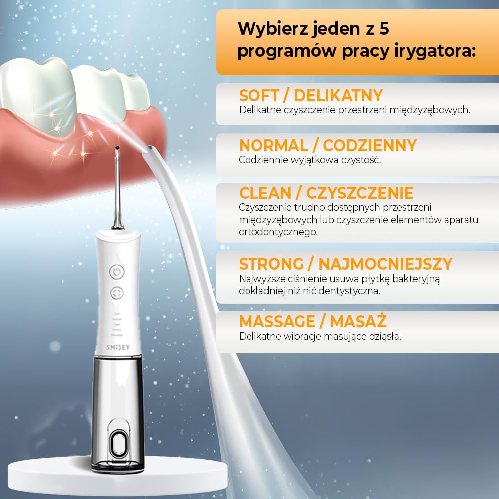 SMILEY Pro Aqua Bezprzewodowy irygator do zębów | Czyszczenie zębów Irygator do czyszczenia międzyzębowego | Zestaw do czyszczenia zębów Irygator międzyzębowy z 4 końcówkami
