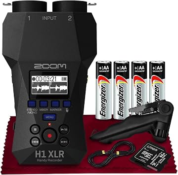 Zoom H1 XLR Handy Recorder, 32-Bit Float, 2 XLR/TRS Locking Combo Inputs, Dual AD Converters with 64GB SD Card, USB Cable, Tabletop Tripod, and Batteries for Podcasters, Filmmakers, Musicians
