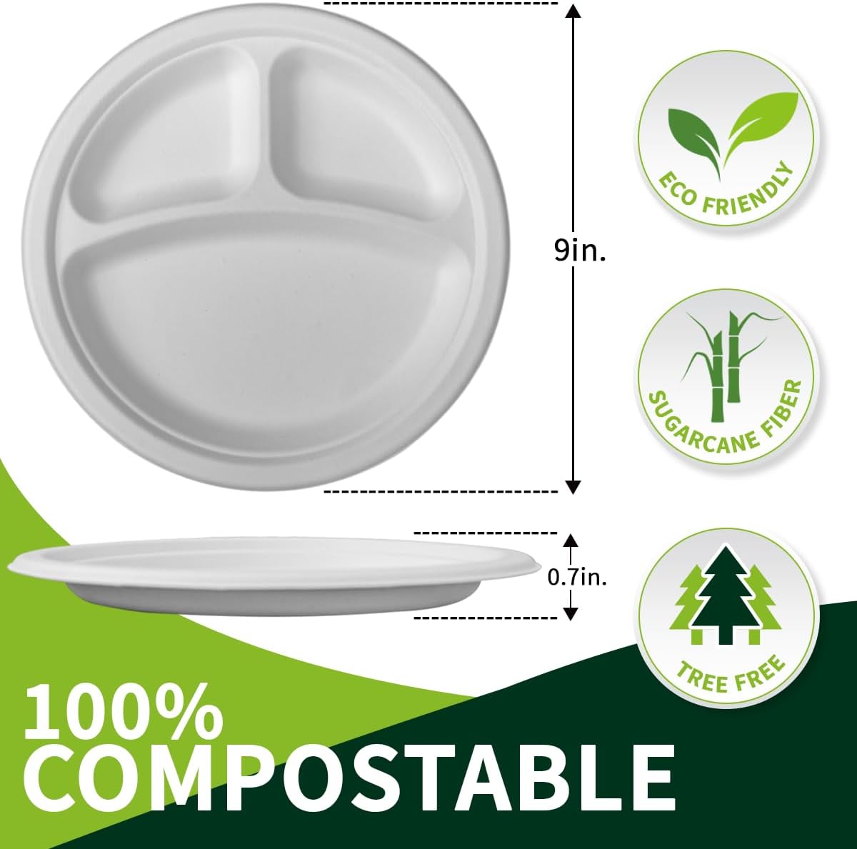 9 Inch 3 Compartment Paper Plates 【White 150 Pack】, Compostable Divided Plates, 100% Sugarcane Bagasse, Heavy Duty Disposable Plates for Lunch, Salad, BBQ, Picnic - Image 2