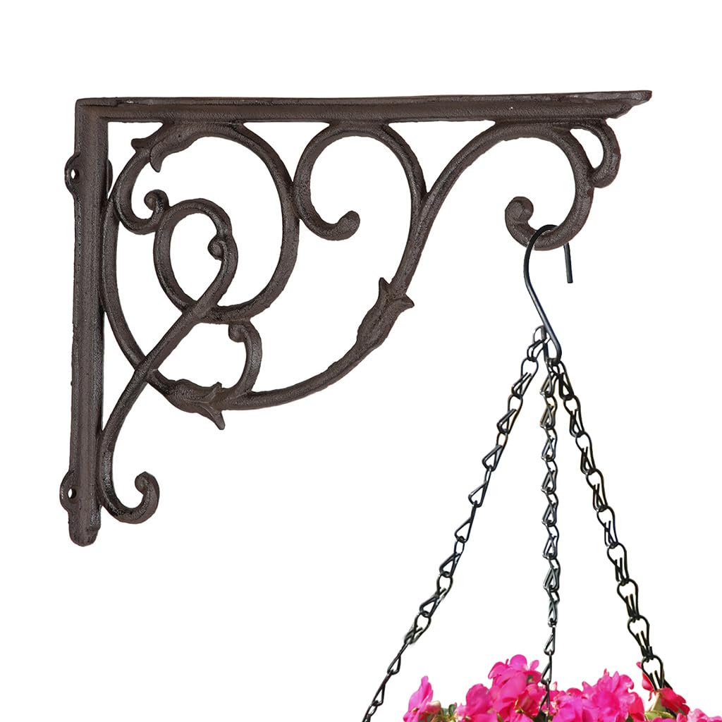 Hanging Basket Bracket Antique Brown Heavy Duty Outdoor Cast Iron Plant Hanger Hooks for Planters Ornate Scrolled Wall Mounted Vintage Style Garden Wall Fence Décor (Large)