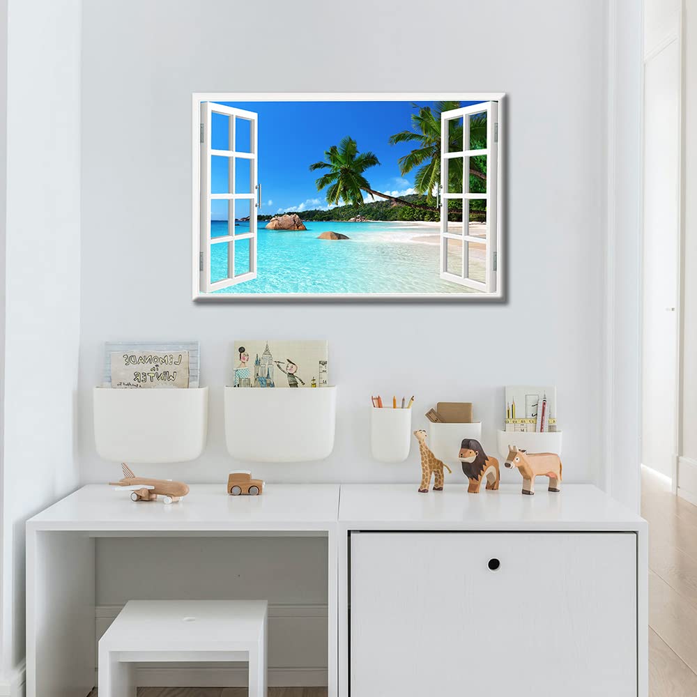 TISHIRON 3D Window Effect View Canvas Wall Art Coconut Tree Beach Seaside Landscap Pictures Kitchen for Living Room Bedroom Office Home Decorations Ready to Hang 12x18inch - Image 4