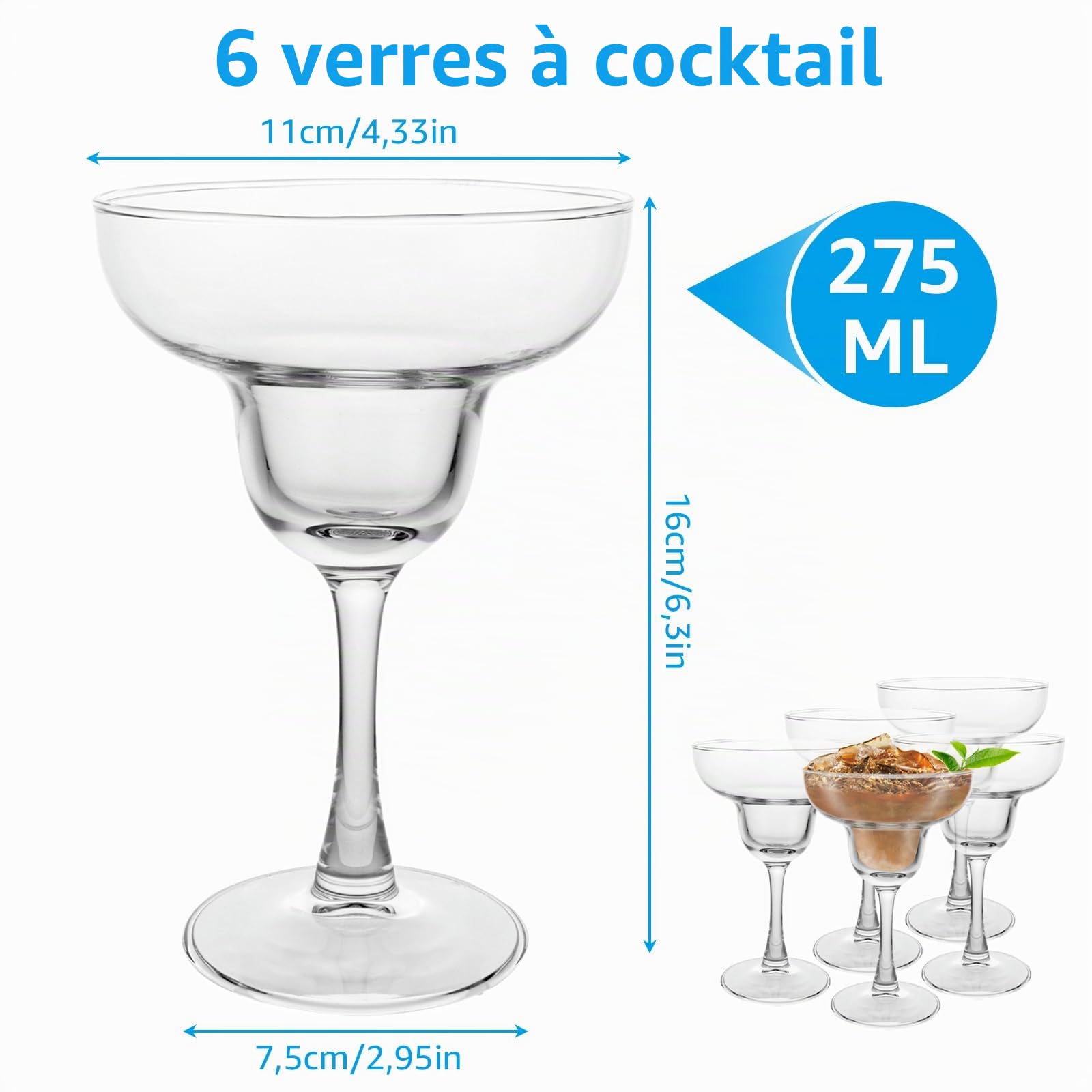Margarita Lot de 6 verres à cocktail classiques en cristal transparent 270 ml Pour la maison, les restaurants et les fêtes