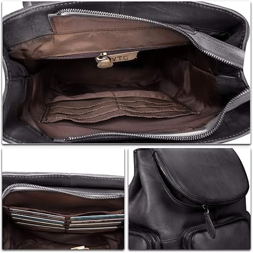 Miniatura 7 de IVTG Mochila de cuero genuino para mujer, mochila vintage de cuero real, mochila a la moda, bolsa de alta capacidad (gris oscuro)