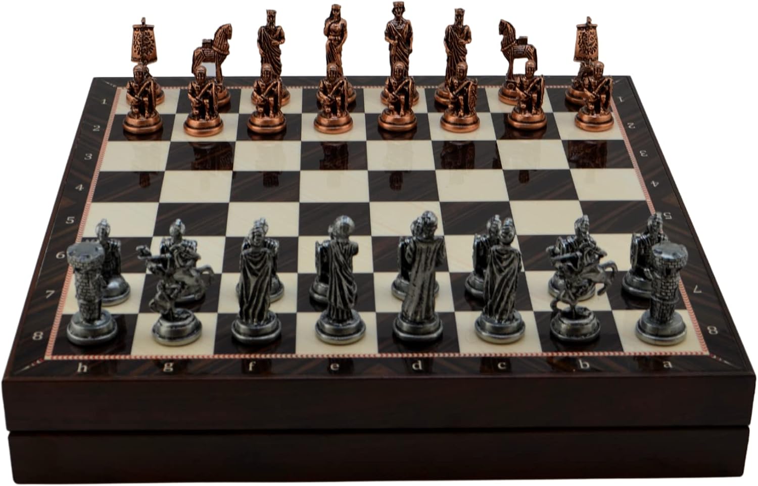 Metal Chess Set for Adults Troy-Spartan Antique Copper Figures,Handmade Pieces and Different Design Wooden Chess Board with Storage (Walnut)