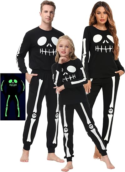 Veseacky Matching Family Halloween Costumes Pajama Sets Glow in the Dark Skeleton Long Sleeve with Pocket Pjs 2Pcs S-XXL