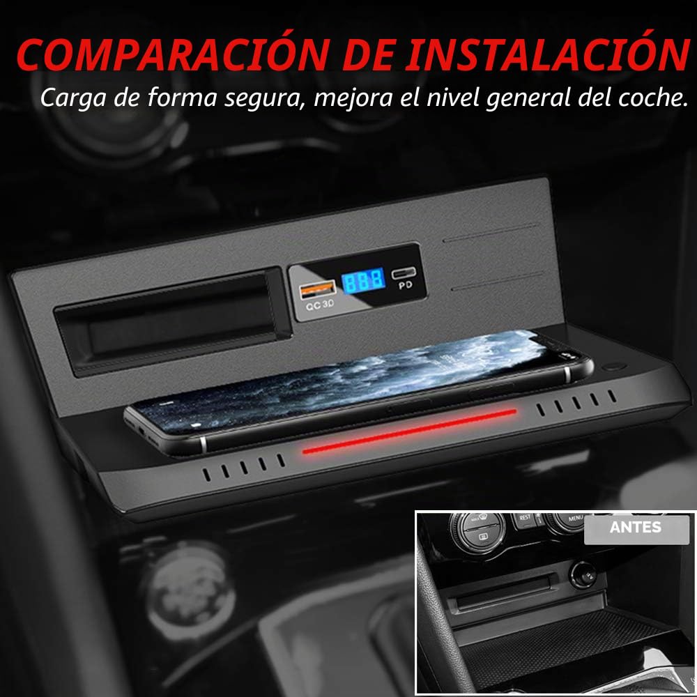 Cargador Inalámbrico Coche Auto Compatible con VW Tiguan 2018 2019 2020 2021 Consola Central Panel, 15W Qi Carga Rápida Coche Teléfono Cargador con QC3.0 USB y 18W PD para iPhone Samsung