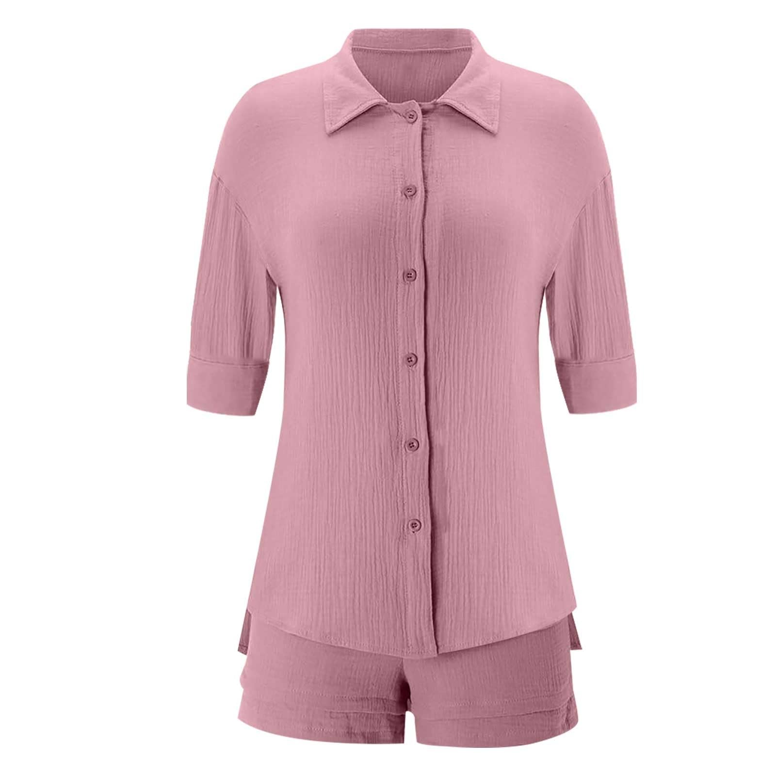 Femme Ensemble Chic et Elegant Chemise Manches Courts et Shorts 2 Pièces Survêtement Femme Tenues élégante Décontracté en Gaze de Coton Lin Ensemble été 2 pièces Loungewear