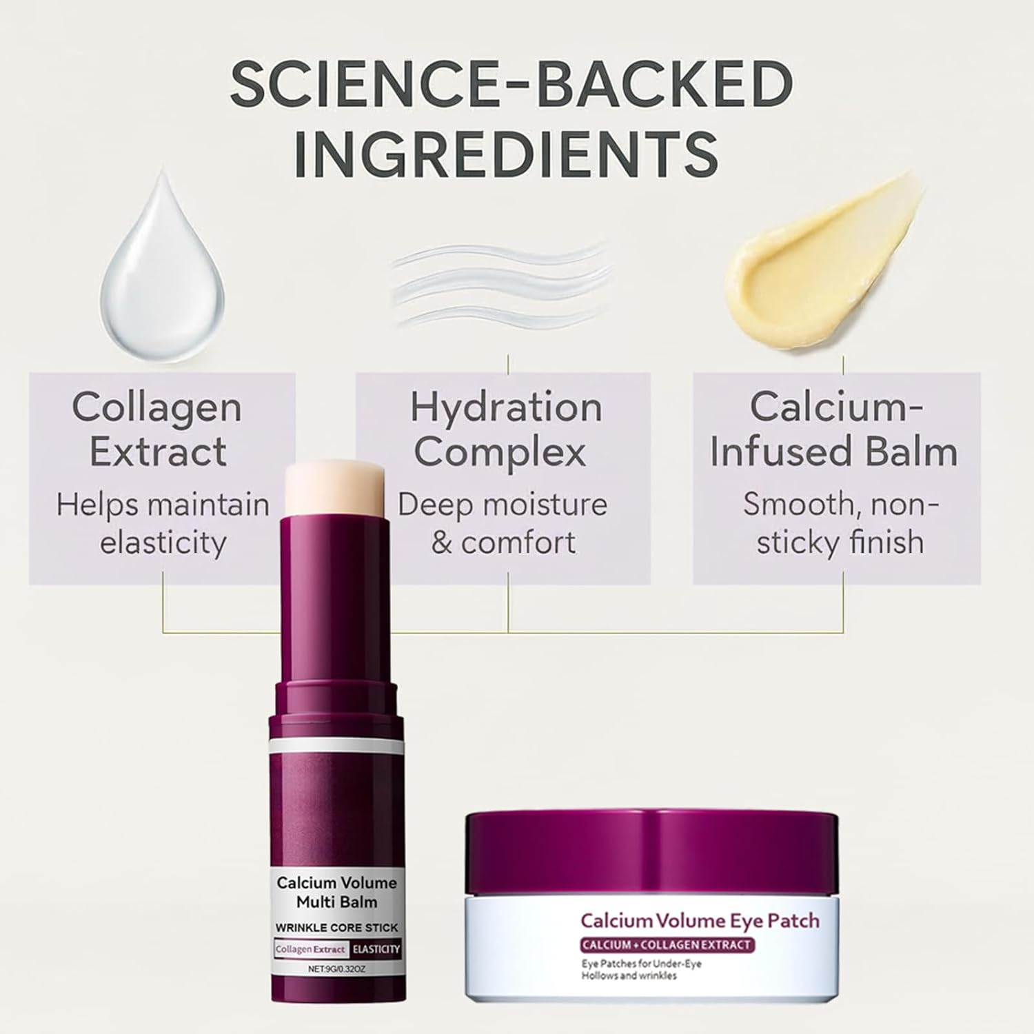 Calcium Volume Eye Care Set: Multi Balm Stick (9g) & Collagen Hydrogel Eye Patches (60ea/30 Pairs). Deep Hydration, Wrinkle Smoothing, Elasticity Boosting, for Under-Eye Hollows & Skin Nourishing. - Image 5